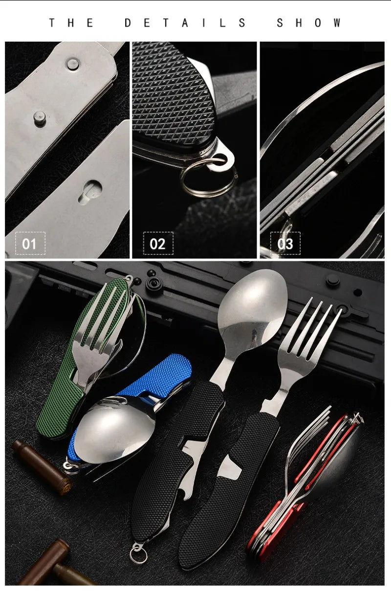 CampSet 4-in-1 Foldable Utensil Kit - Knife Fork Spoon Opener
