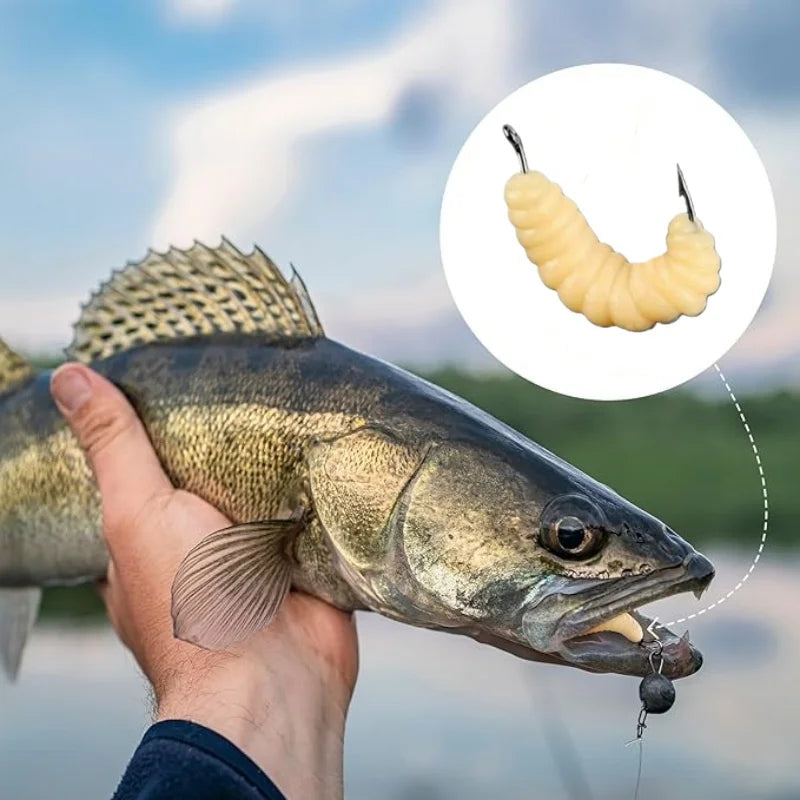 WiggleBait Rubber Maggot Fishing Lure Set with Hooks
