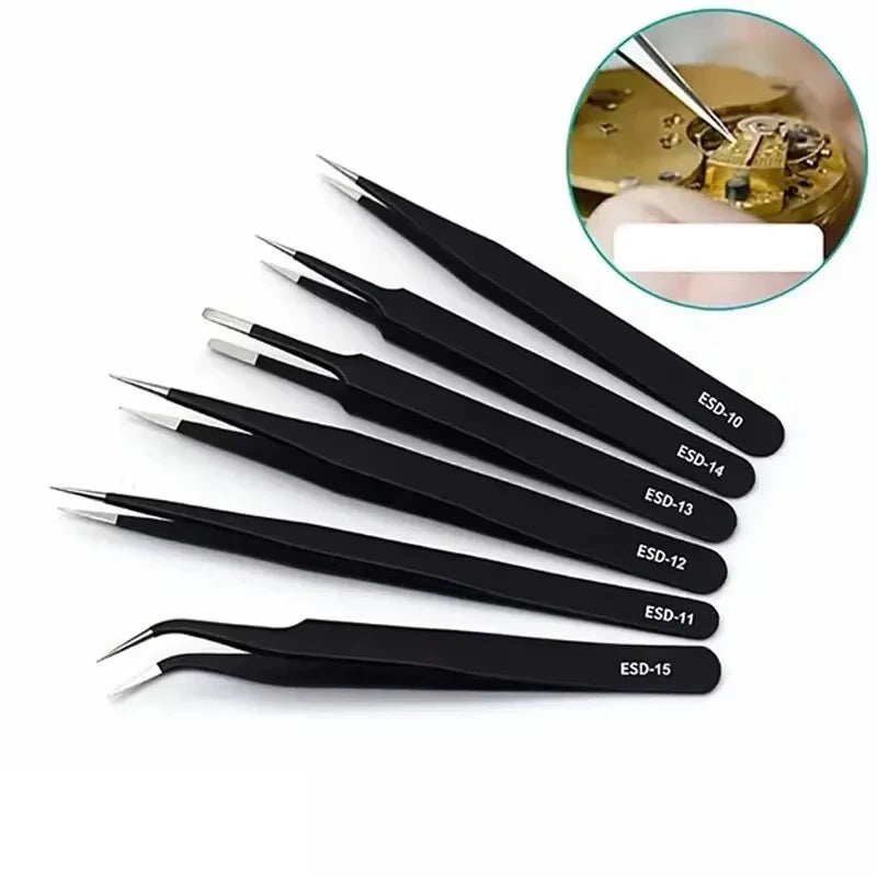 PrecisionGrip 6-Piece ESD Anti-Static Stainless Tweezers Set
