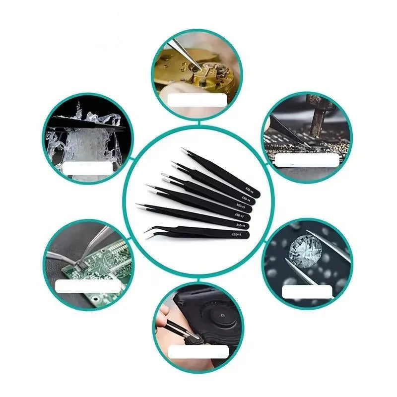 PrecisionGrip 6-Piece ESD Anti-Static Stainless Tweezers Set