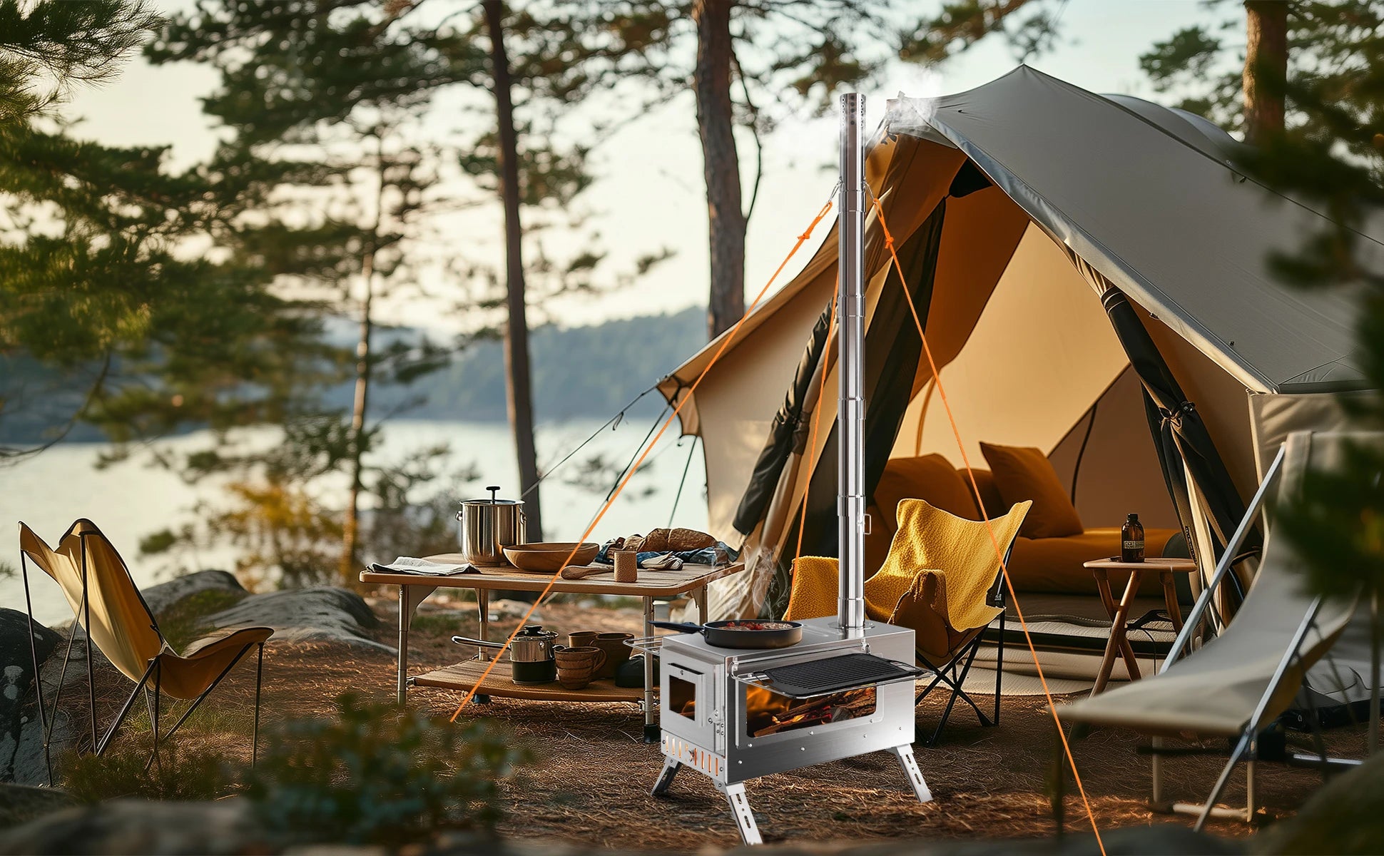 CampForge Portable Wood Burning Hot Tent Stove with Chimney