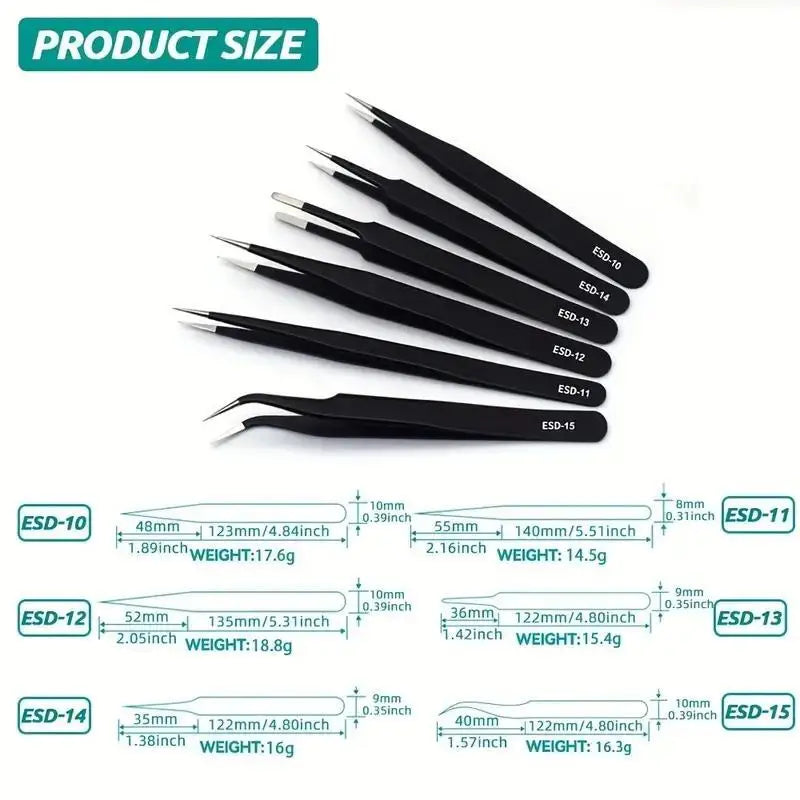 PrecisionGrip 6-Piece ESD Anti-Static Stainless Tweezers Set