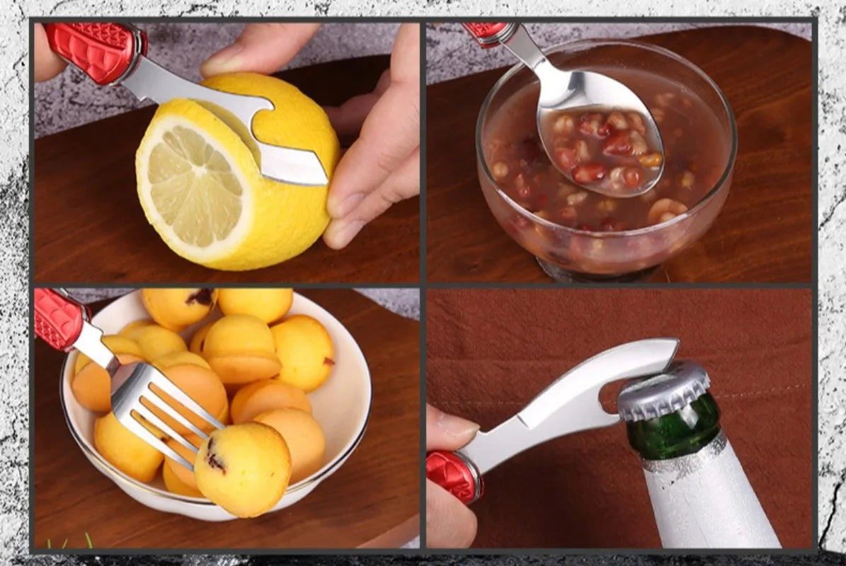 CampSet 4-in-1 Foldable Utensil Kit - Knife Fork Spoon Opener